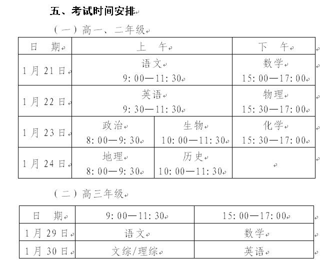 转发教科所期末考试时间通知：高一高二1月21日至24日高三1月29至30日