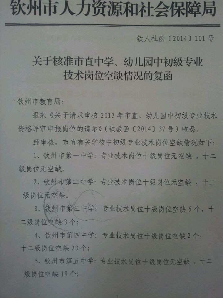 转发市人社局《关于核准市直中学、幼儿园中初级专业技术岗位空缺情况的复函》