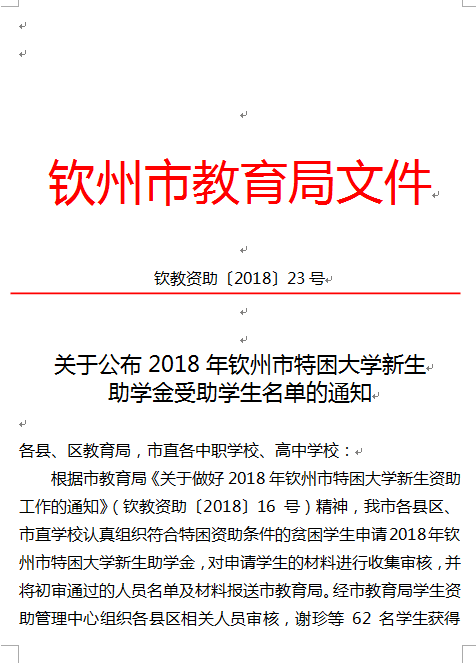 关于公布2018年钦州市特困大学新生助学金受助学生名单的通知