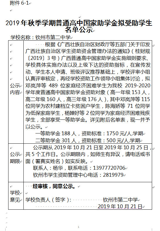 2019年秋国家助学金名单公示