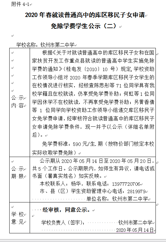 2020年春就读普通高中的库区移民子女申请 免除学费学生公示（二）