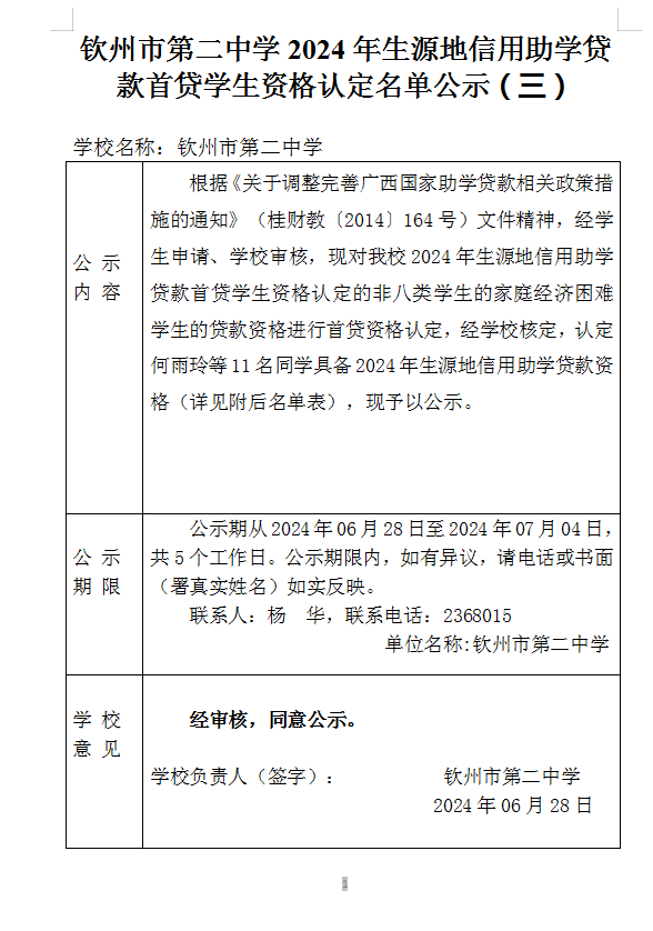 宝威体育（中国）集团有限公司2024年生源地信用助学贷款首贷学生资格认定公示(三）－新认定