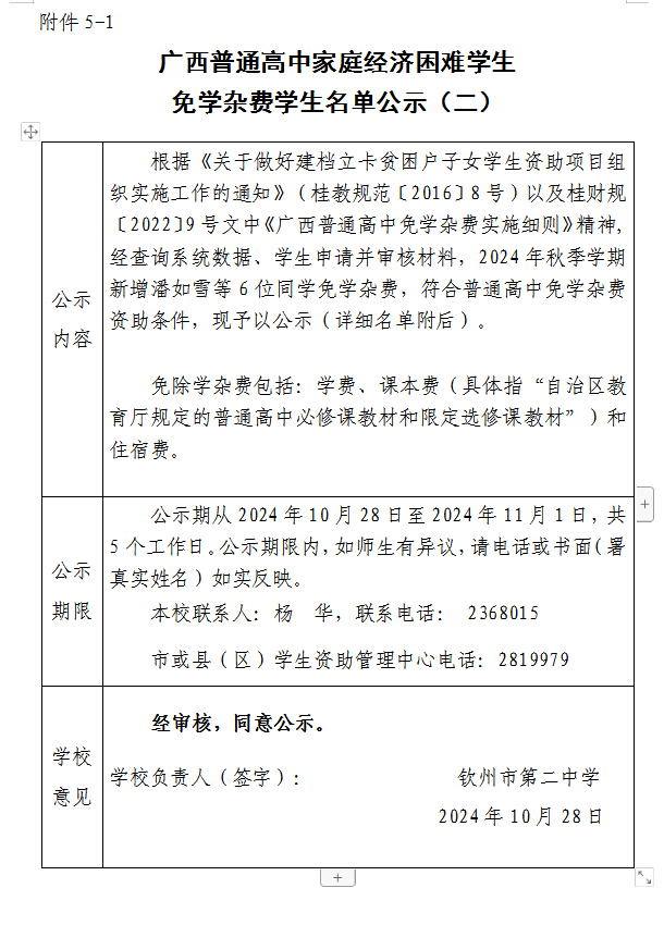 2024秋广西普通高中家庭经济困难学生免学杂费学生名单公示（二）